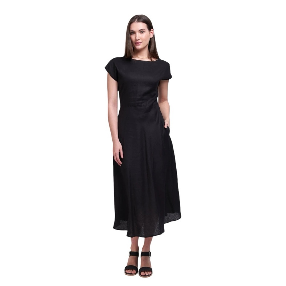 Foil Dress Women's Size 4‎ US Black 100% Linen Midi Boat Neck Pockets A-Line